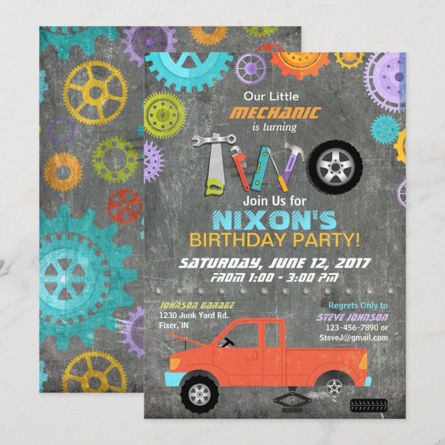 Car Mechanic Gears Tools Chalkboard Birthday Invitation (Front/Back)