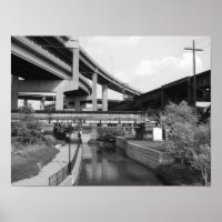Car overpass train overpass and canal in Richmond