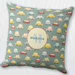 Car Personalized Sage Green Throw Pillow<br><div class="desc">Cute retro car pattern on a sage green background.  Original art by Nic Squirrell. Change the monogram initial and name to personalize.</div>