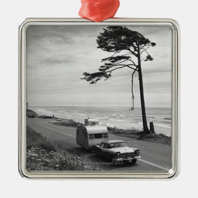 Car Pulling Trailer Metal Ornament (Front)