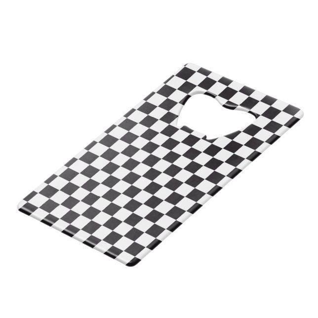 Car Racing / Chess Pattern + your backgr. & text Credit Card Bottle Opener (Front Angled)