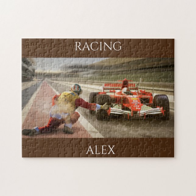 Car racing puzzle with personalized name. (Horizontal)
