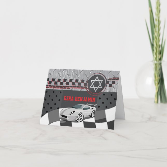 Car Racing Race Car Bar Mitzvah Thank You Card (Front)