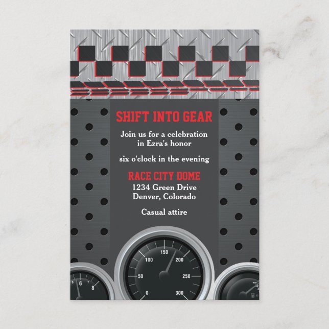 Car Racing Racecar Bar Mitzvah Reception  Enclosure Card (Front)