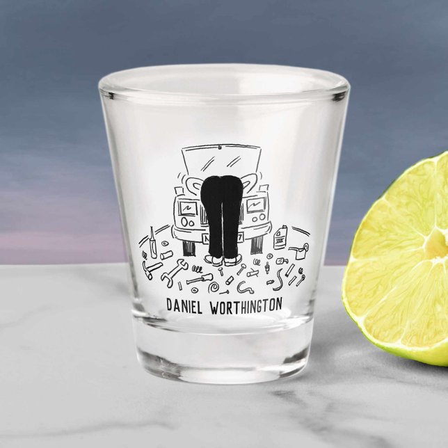 Car Repairs & Servicing Cartoon. Shot Glass (Creator Uploaded)