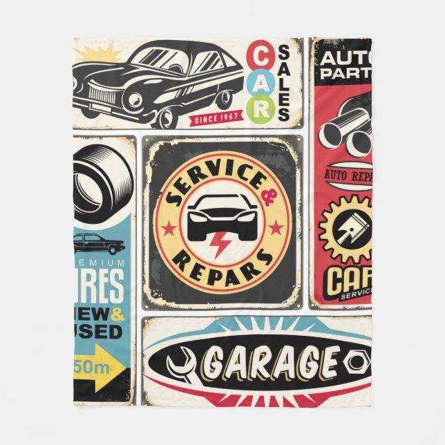 Car service and repair retro signs collection. Vin Fleece Blanket (Front)