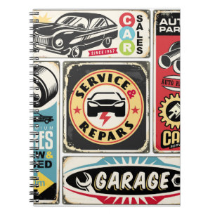 Car service and repair retro signs collection. Vin Notebook