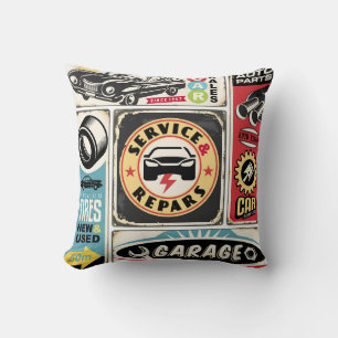 Car service and repair retro signs collection. Vin Throw Pillow