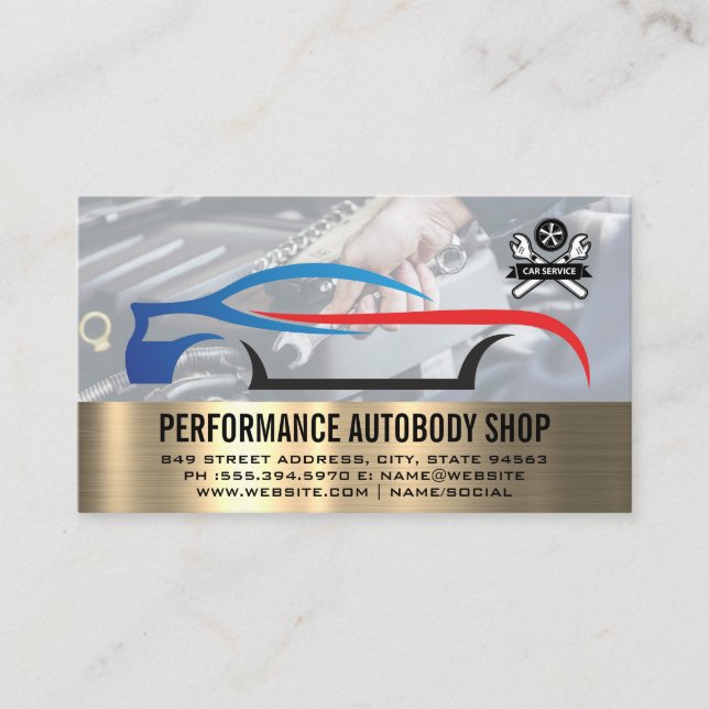 Car Service Logo | Mechanic Working on Engine Business Card (Front)
