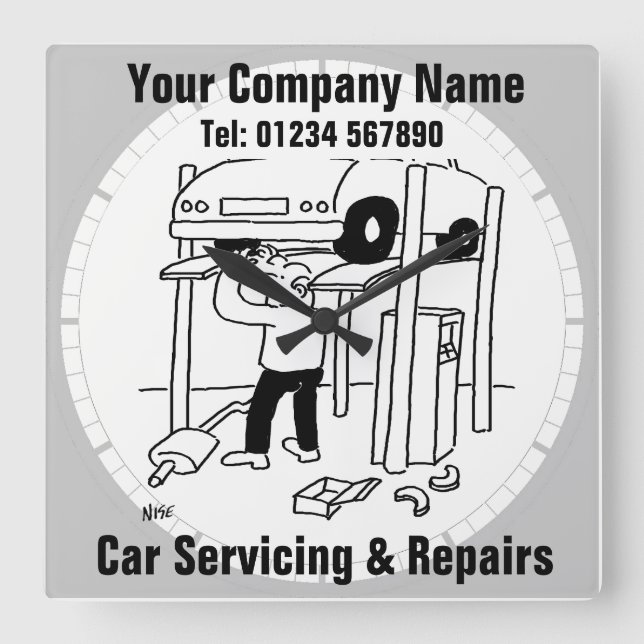 Car Servicing & Repairs Cartoon Garage Wall Clock (Front)