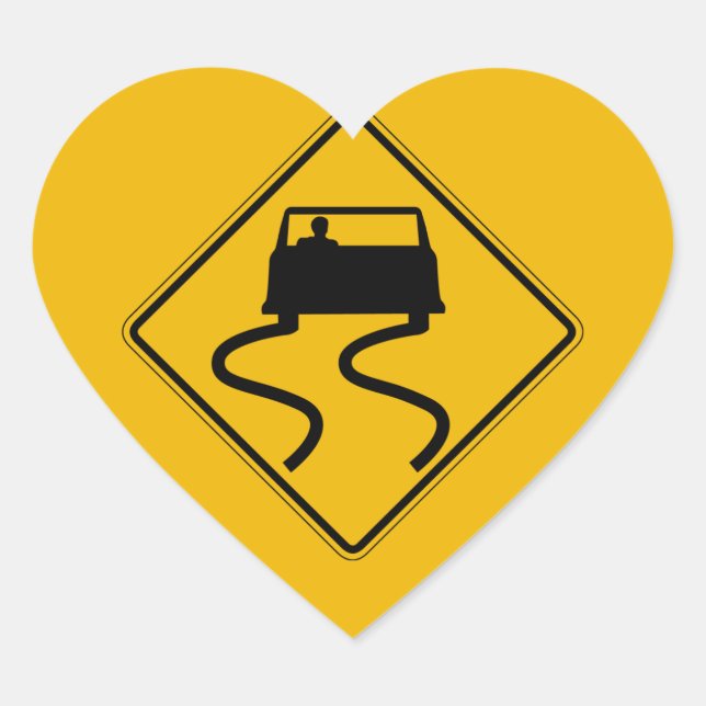 Car Slippery When Wet, Traffic Warning Sign, USA Heart Sticker (Front)