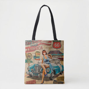 Car travel through America vintage poster. 66,rout Tote Bag