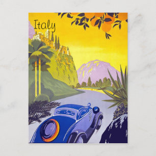 Car travel through Italy, vintage travel postcard