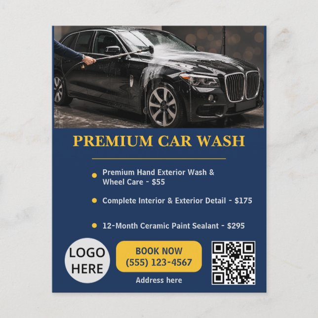 Car Wash Editable Premium Template Navy Blue Gold Flyer (Front)