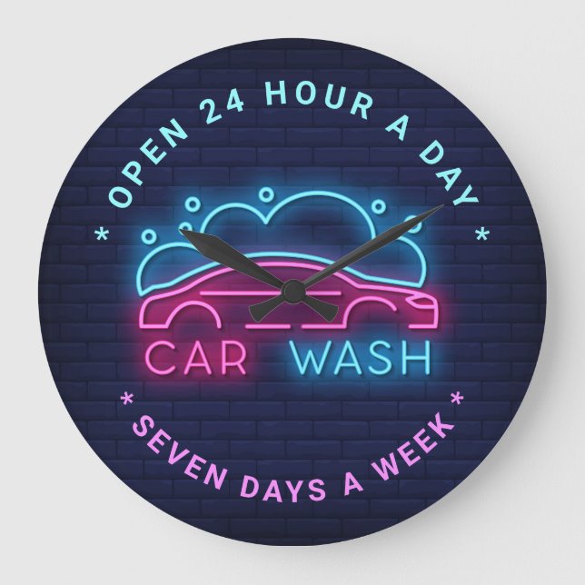 Car Wash Neon Look Custom Text Large Clock (Front)