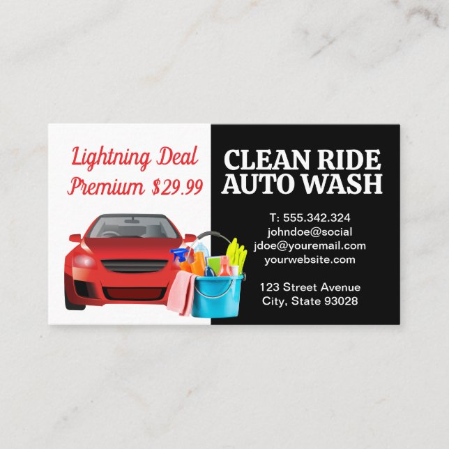 Car Wash | Red Vehicle | Cleaning Supplies Business Card (Front)