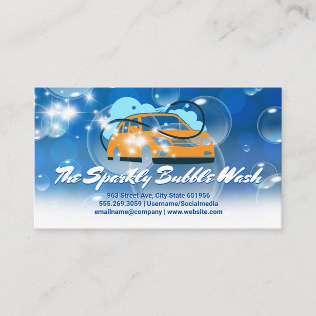 Car Wash Soap Bubbles and Water Hose Business Card (Front)