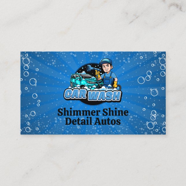 Car Wash Worker Cleaning | Auto Detailing Business Card (Front)