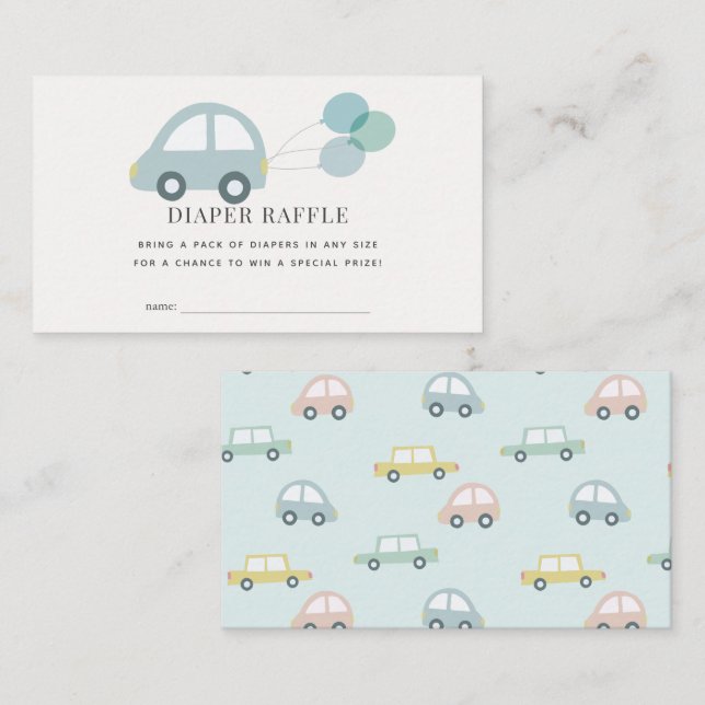 Car with Balloons Blue Boy Diaper Raffle Ticket Enclosure Card (Front/Back)