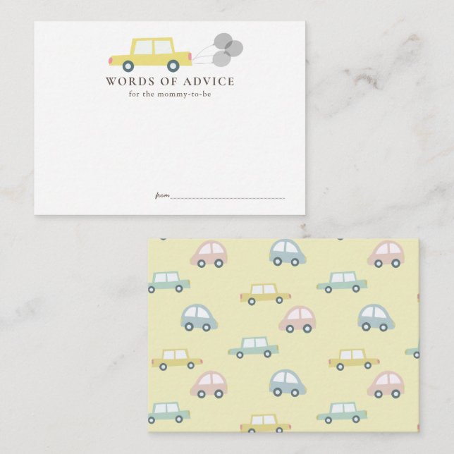 Car with Balloons Yellow Baby Shower Advice Enclosure Card (Front/Back)