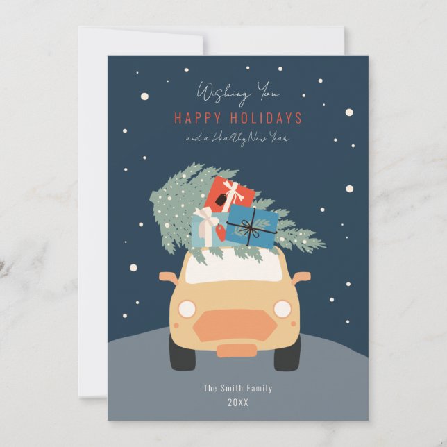 Car with Christmas Tree Happy Holidays Invitation (Front)