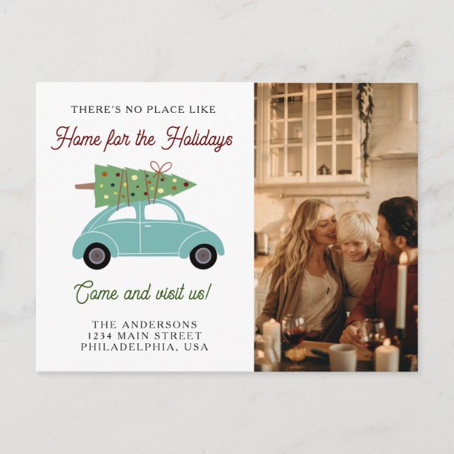 Car with Christmas Tree Photo Holiday Moving Announcement Postcard (Front)