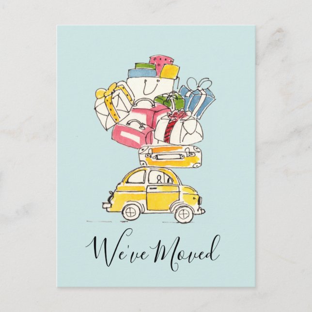 Car with Travel Suitcases We've Moved Postcard (Front)