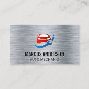 Car Wrench Road Logo   Metallic Brushed Background Business Card