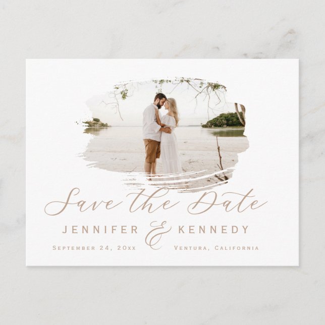 Caramel Beige Romantic Brushed Frame Save The Date Postcard (Front)