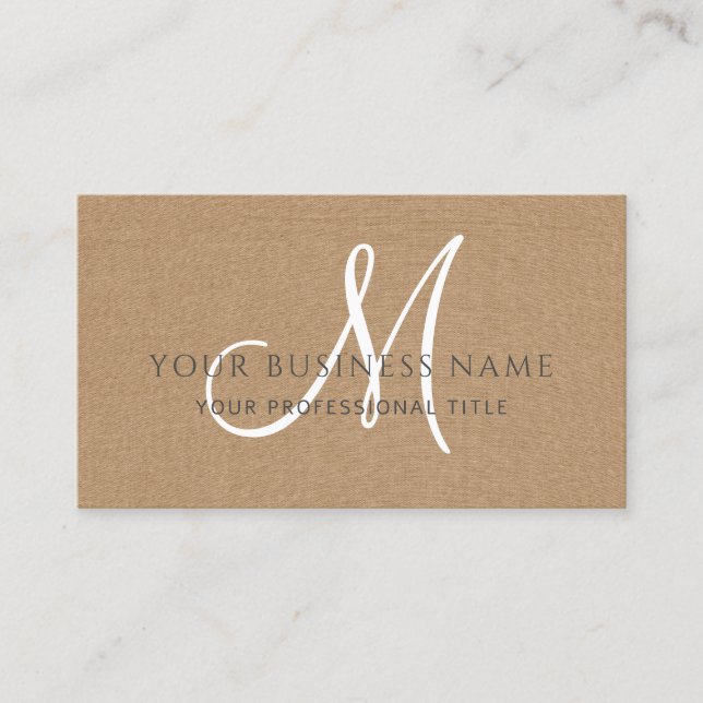Caramel Brown Linen Simple Minimal Monogram Business Card (Front)