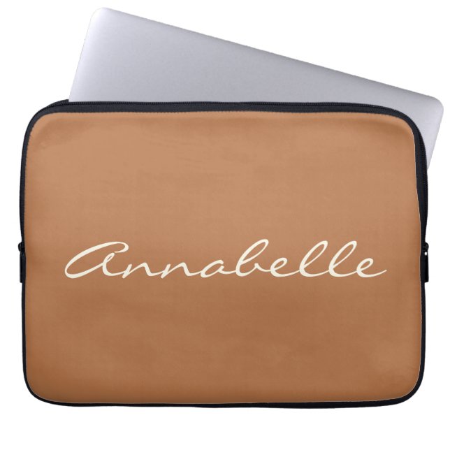 Caramel Brown Script Name Minimalist Personalized Laptop Sleeve (Front)
