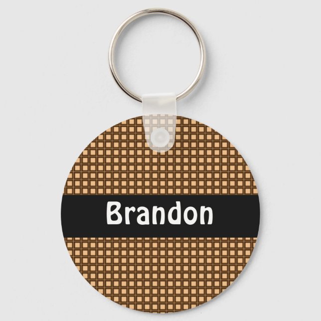 Caramel Chequered Pattern Personalized Keychain (Front)