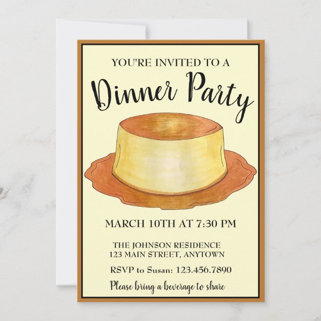 Caramel Custard Flan Spanish Food Dinner Party Invitation (Front)
