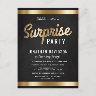 Caramel Gold and Black Surprise Birthday Party Invitation Postcard