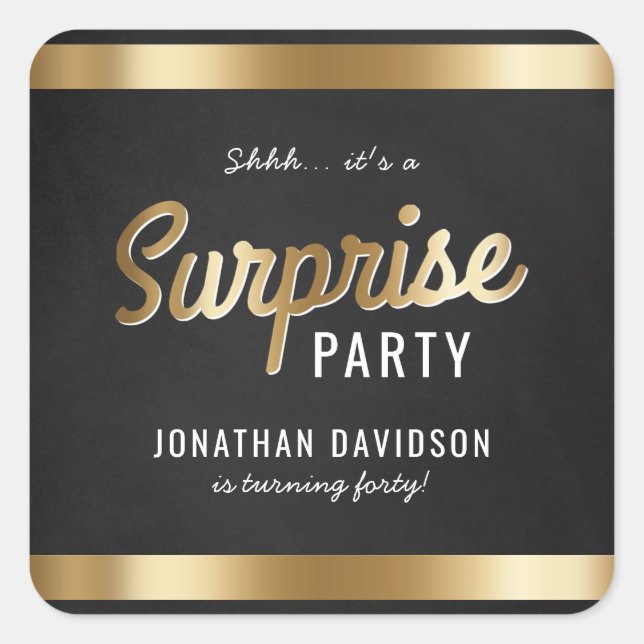 Caramel Gold and Black Surprise Birthday Party Square Sticker (Front)