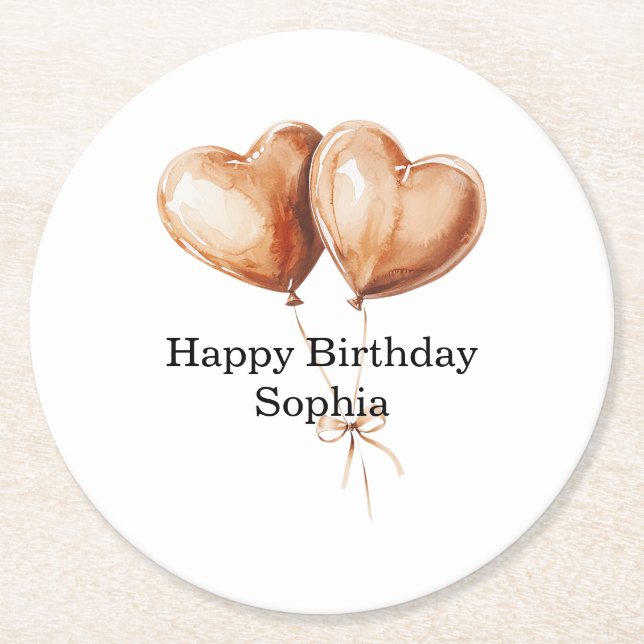Caramel Heart Balloons Birthday Round Paper Coaster (Front)
