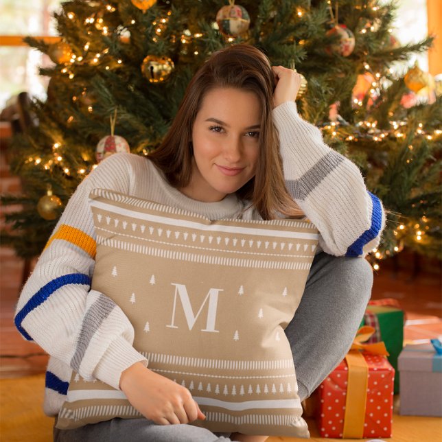  Caramel  Nordic Christmas Trees & Monogram Throw Pillow (Creator Uploaded)