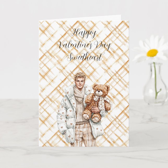 Caramel Valentine's Day Man Teddy Bear Card (Small Plant)
