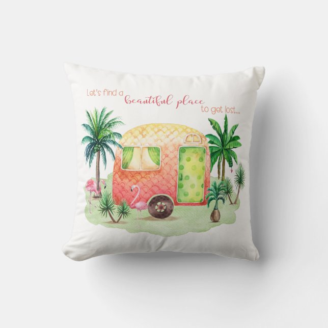 Caravan Camper Scene | In the Tropics Throw Pillow (Front)