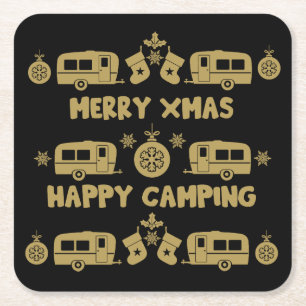 Caravan Happy Christmas Camping Square Paper Coaster