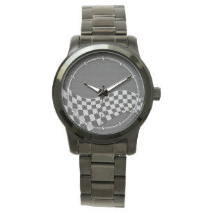 Carbon Fiber Style Checkered Racing Flag Wave Watch