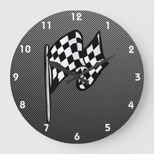 Carbon Fibre look Chequered Flag Large Clock (Front)