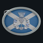 Carbon Fibre Print Scotland Flag Belt Buckle<br><div class="desc">A silver chrome like Scottish thistle applique design on a racy blue carbon fibre style Scotland flag print background for a great custom gift. Embroidery designs are available in a selection of popular colour options. Use the "Ask this Designer" link to contact us with your special design requests or for...</div>