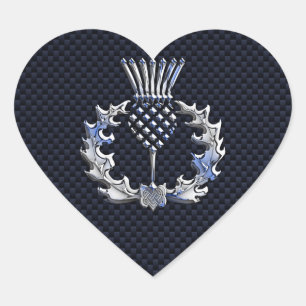 Carbon Fibre Print Silver Scottish Thistle Heart Sticker