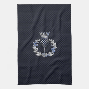 Carbon Fibre Print Silver Scottish Thistle Kitchen Towel
