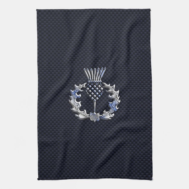 Carbon Fibre Print Silver Scottish Thistle Kitchen Towel (Vertical)