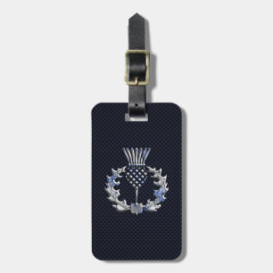 Carbon Fibre Print Silver Scottish Thistle Luggage Tag