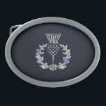 Carbon Fibre Print Silver Scottish Thistle Oval Belt Buckle<br><div class="desc">A silver chrome like Scottish thistle applique design on a racy navy blue carbon fibre style print background. Embroidery designs are available in a selection of popular colour options. Use the "Ask this Designer" link to contact us with your special design requests or for some assistance with your customization project....</div>