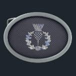 Carbon Fibre Print Silver Scottish Thistle Oval Belt Buckle<br><div class="desc">A silver chrome like Scottish thistle applique design on a racy navy blue carbon fibre style print background. Embroidery designs are available in a selection of popular colour options. Use the "Ask this Designer" link to contact us with your special design requests or for some assistance with your customization project....</div>