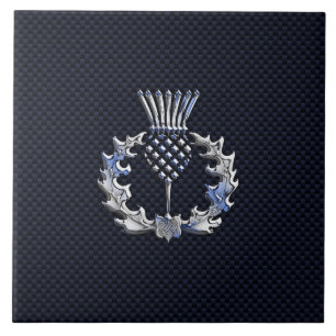 Carbon Fibre Print Silver Scottish Thistle Tile
